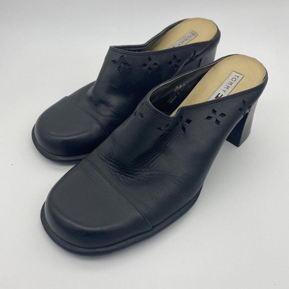 y2k Vintage Tommy Hilfiger Women's Black Chunky Heels Sandals Slip On Leather 6M - Picture 1 of 4